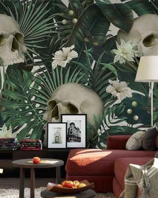 Peonies and Skulls Elegant Floral Gothic Wallpaper