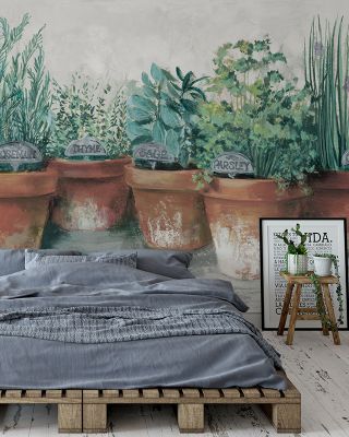 Pots of Herbs II Cottage Garden Wallpaper