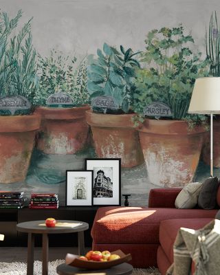 Pots of Herbs II Cottage Garden Wallpaper
