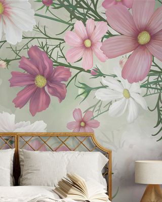 Cosmea Green Floral Wallpaper