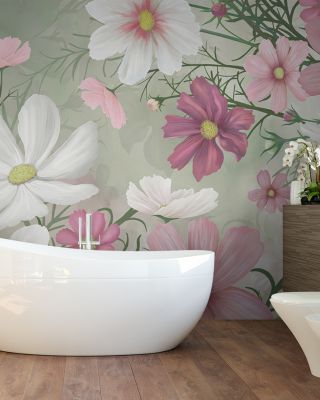 Cosmea Green Floral Wallpaper