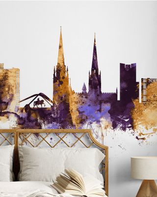 Coventry England Skyline Purple & Gold Wallpaper