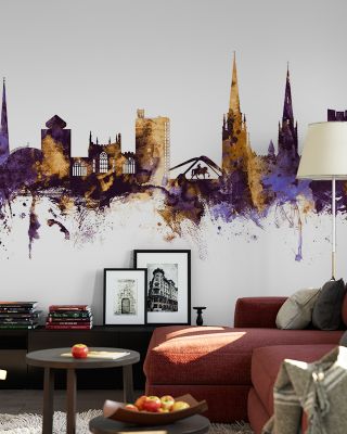 Coventry England Skyline Purple & Gold Wallpaper