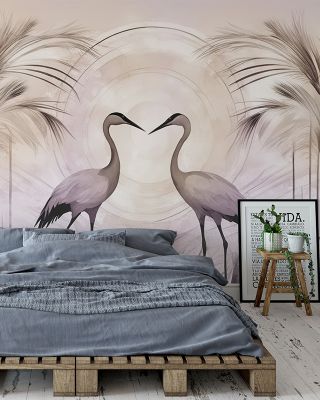 Cranes at Sunset Pink Scenic Wallpaper
