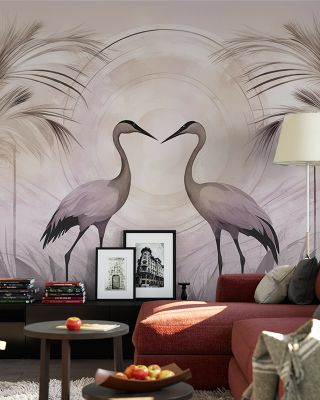 Cranes at Sunset Pink Scenic Wallpaper
