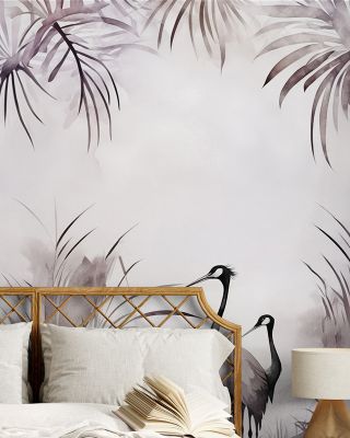 Cranes in a Field Purple Scenic Wallpaper