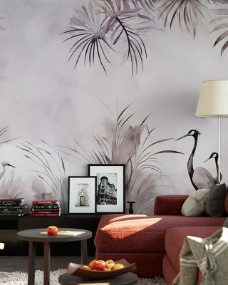 Cranes in a Field Purple Scenic Wallpaper