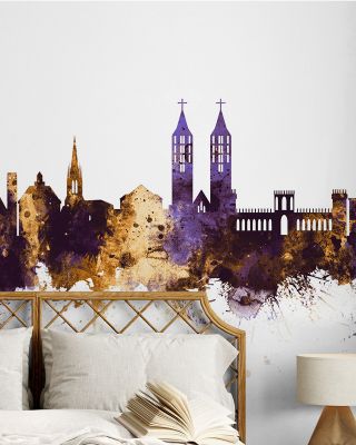 Kassel Germany Skyline Purple & Gold Wallpaper
