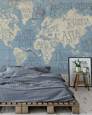 Mythical Map I Blue Abstract Wallpaper
