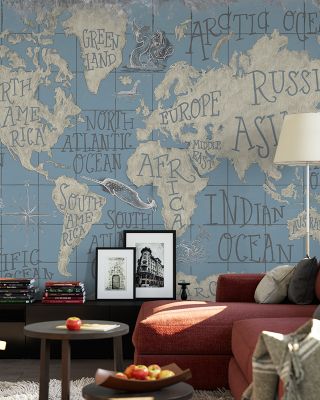 Mythical Map I Blue Abstract Wallpaper