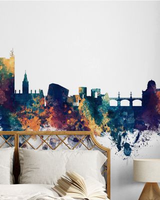 Newport Wales Skyline Blue & Bronze Wallpaper