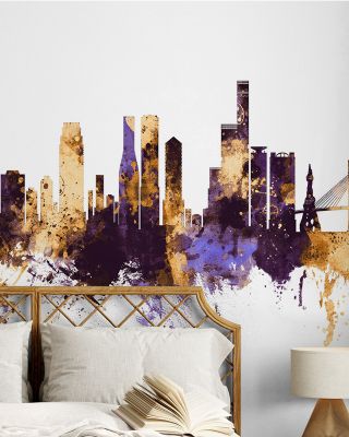 Osaka Skyline Purple & Gold Wallpaper