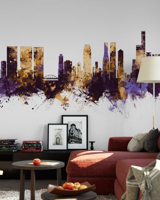 Osaka Skyline Purple & Gold Wallpaper