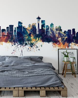 Seattle Skyline Blue & Bronze Wallpaper
