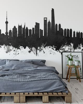 Shanghai China Skyline Black & White Wallpaper