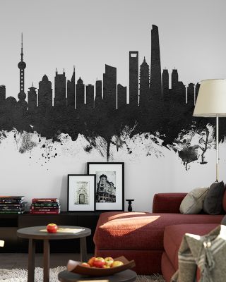 Shanghai China Skyline Black & White Wallpaper