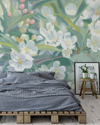 White Blossoms in Focus Floral Wallpaper