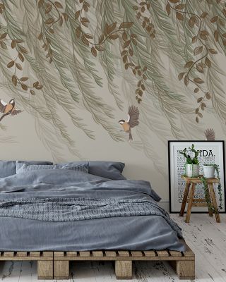Willow & Birds, Sand Scenic Wallpaper