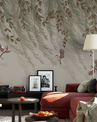 Willow & Birds, Sand Scenic Wallpaper