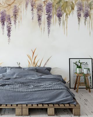 Wisteria and Field Grasses Floral Wallpaper