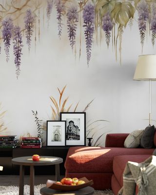 Wisteria and Field Grasses Floral Wallpaper