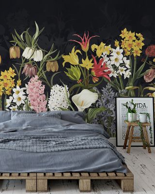 Happy Spring Flowers in Dark Vibrant Floral Wallpaper