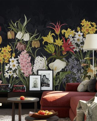 Happy Spring Flowers in Dark Vibrant Floral Wallpaper
