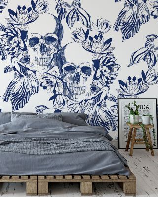 Skulls and Fish Quirky Artistic Wallpaper