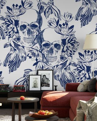 Skulls and Fish Quirky Artistic Wallpaper