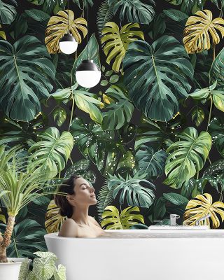 Large Green Monstera Leaf with Gold Accent - Tropical Botanical Decor