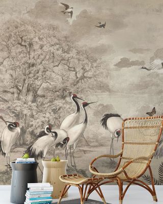 Sandhill Cranes Nature Wallpaper - Elegant Birds and Tree Design, Eco-Friendly Wall Covering