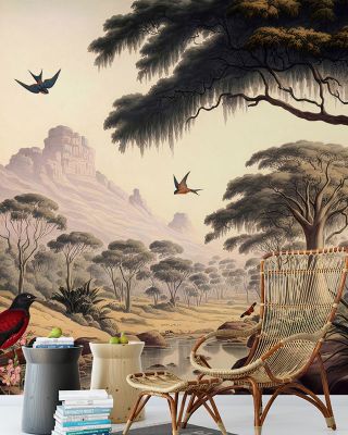 Ancient Valley Nature Wallpaper - Birds and Trees Design,Eco-Friendly Wall Covering
