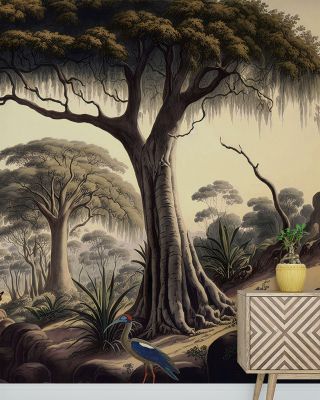 Ancient Valley Nature Wallpaper - Birds and Trees Design,Eco-Friendly Wall Covering
