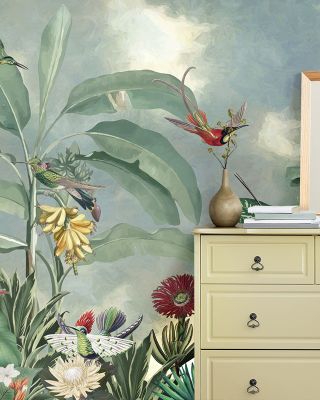 Birds of Paradise Green Nature Wallpaper - Exotic Birds and Leaves Design