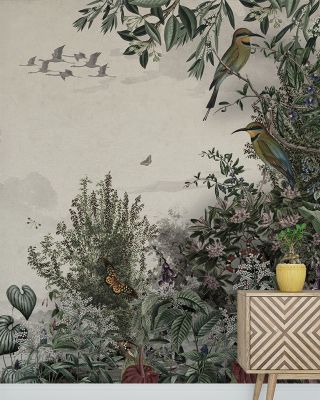 Vintage Mountain Birds Wallpaper - Forest Slope Scene