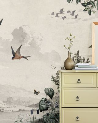 Vintage Mountain Birds Wallpaper - Forest Slope Scene