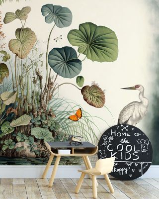Jungle Still Life Birds Wallpaper, Green Garden Theme
