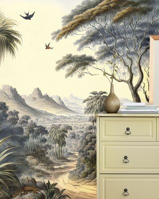 Road to Babylon Wallpaper - Vintage Mountains, Birds, and Forest Scene