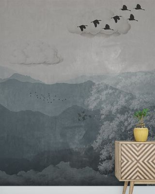Nature Vintage Wallpaper - Forest Mountain Clouds Birds