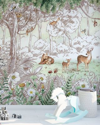 Birchspring Deer Wildlife Forest Wallpaper - Large Trees Vintage Decor