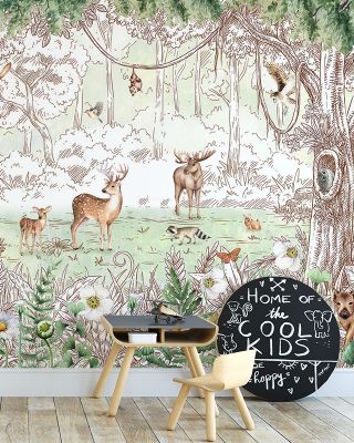 Birchspring Deer Wildlife Forest Wallpaper - Large Trees Vintage Decor