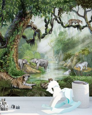 Jungle Safari Wallpaper - Cats, Elephants, Birds, Forest Trees,