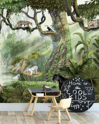 Jungle Safari Wallpaper - Cats, Elephants, Birds, Forest Trees,