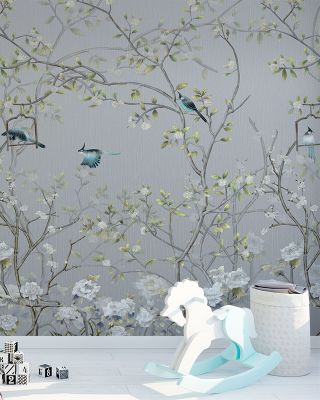 Chisine Silver Birds Wallpaper - Lush Grey Garden Theme, Botanical Decor