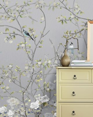 Chisine Silver Birds Wallpaper - Lush Grey Garden Theme, Botanical Decor