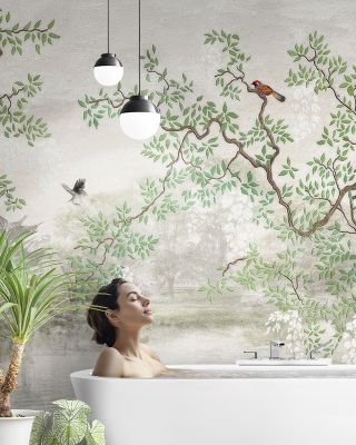 Derous Trees Birds Plants Wallpaper - Lush Tropical Botanical Decor,