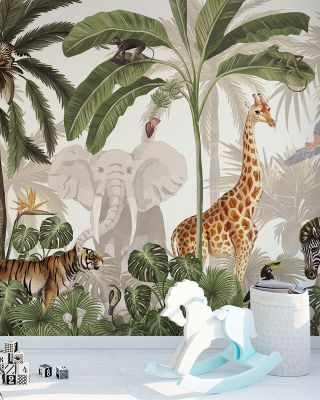Jungle Jive Animals Wallpaper - Giraffe, Zebra, Monkey, Birds, Trees, Plants