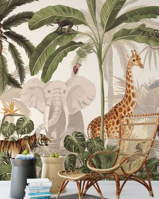Jungle Jive Animals Wallpaper - Giraffe, Zebra, Monkey, Birds, Trees, Plants