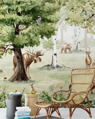 Woodland Wonders Wallpaper - Forest Large Trees, Birds, Animals, Peel and Stick