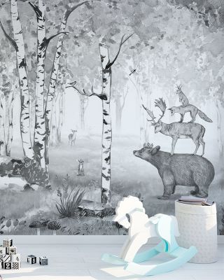 Bear King Wallpaper - Black and White Forest Animals and Trees